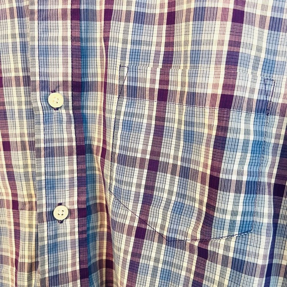Haggar Button Down Short Sleeve Plaid Shirt in Eggplant, Azure, and Eggshell - Picture 3 of 5